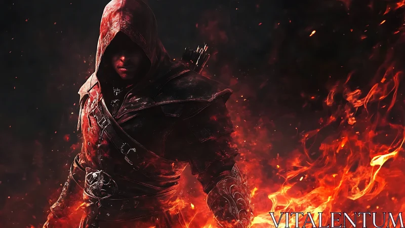Hooded fantasy warrior in red armor surrounded by fire.