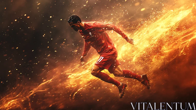 Fiery soccer player sprinting forward in blazing motion.