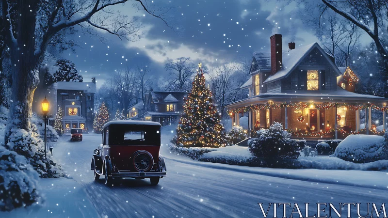 Snow-covered residential street shows illuminated houses at dusk