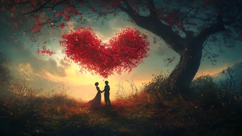 Two Figures Beneath Luminous Red Heart-Shaped Foliage.
