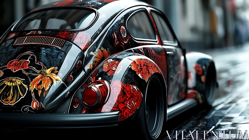 Classic compact car with floral body art on wet street.