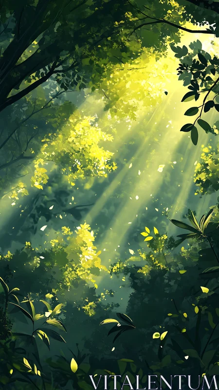 Sunlit forest canopy with drifting leaves in lush green glow.
