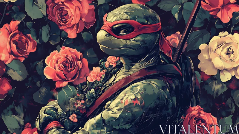 Mutant turtle warrior amid stylized roses in painterly bloom.