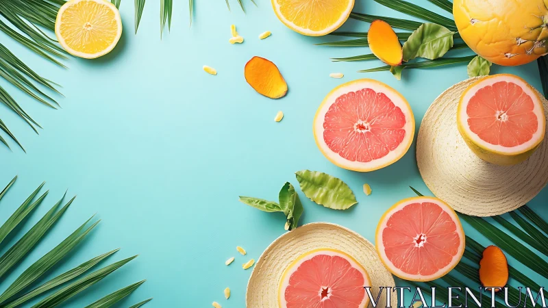 Flat-lay tropical citrus arrangement on aqua background grid.