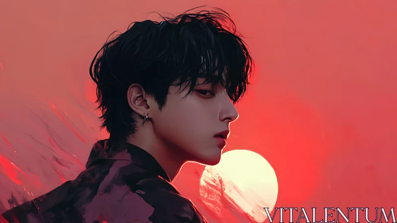 Crimson sunset portrait of pensive youth in profile view.