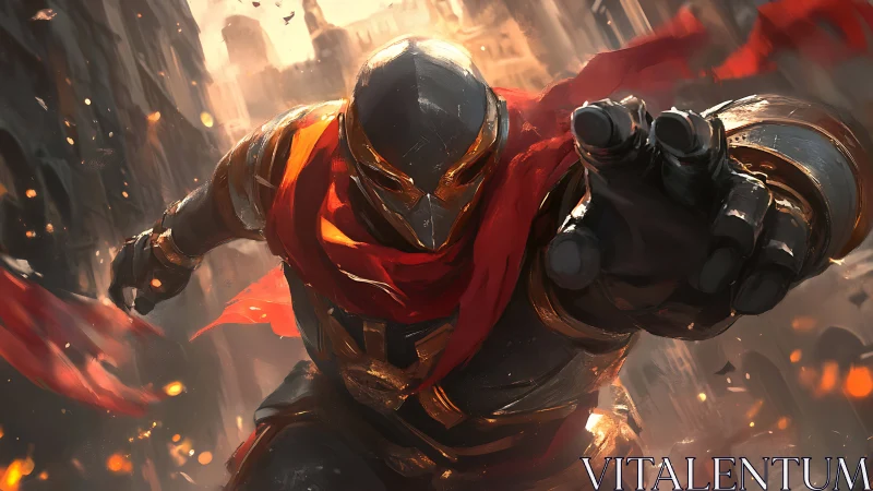 Urban ember knight lunges through crumbling firelit alleyways.