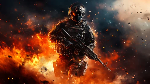 Tactical soldier in inferno, dynamic digital action composition.