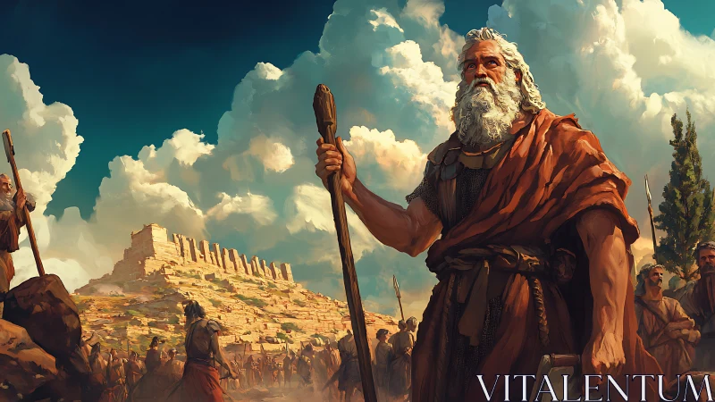 Elderly leader guides nomadic tribe toward hill fortress.