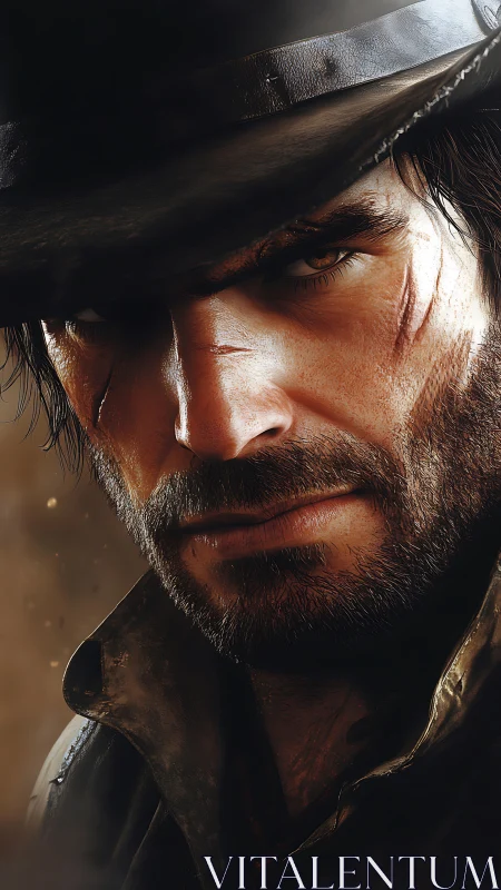 Weathered gunslinger meets the viewer with intense resolve