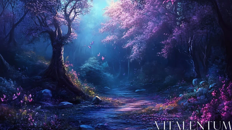 Luminous Forest Path: Digital Painting with Bioluminescent Flora.