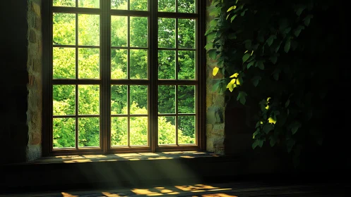 Transmitted daylight through mullioned stone window aperture.