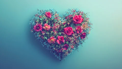 Heart-Shaped Floral Burst Composition on Turquoise Background.