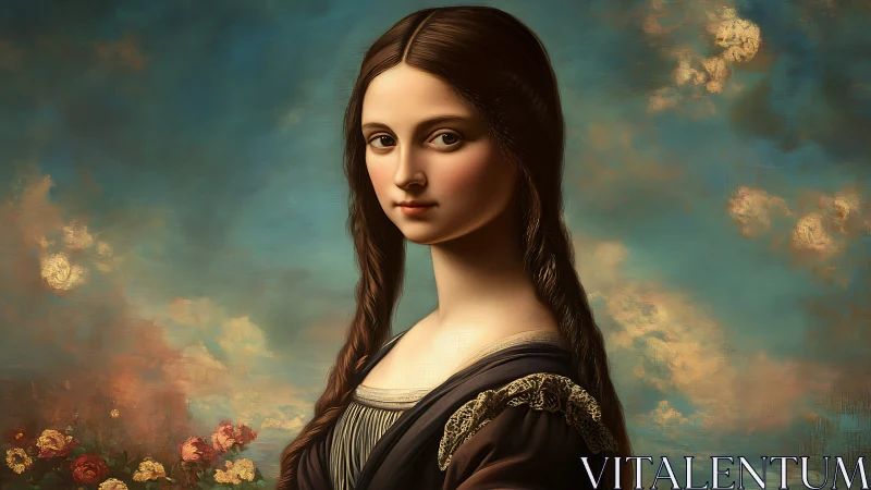Digital neo‑Renaissance portrait with atmospheric sky field.