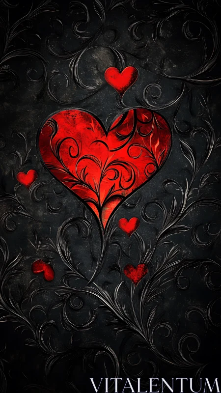 Red Heart Adorned With Scrolling Ornament Against Textured Black.