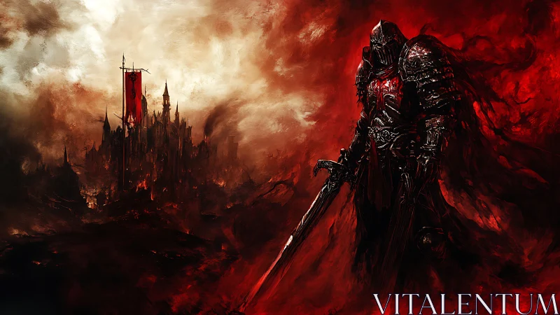 Armored figure stands before distant fortress in red haze