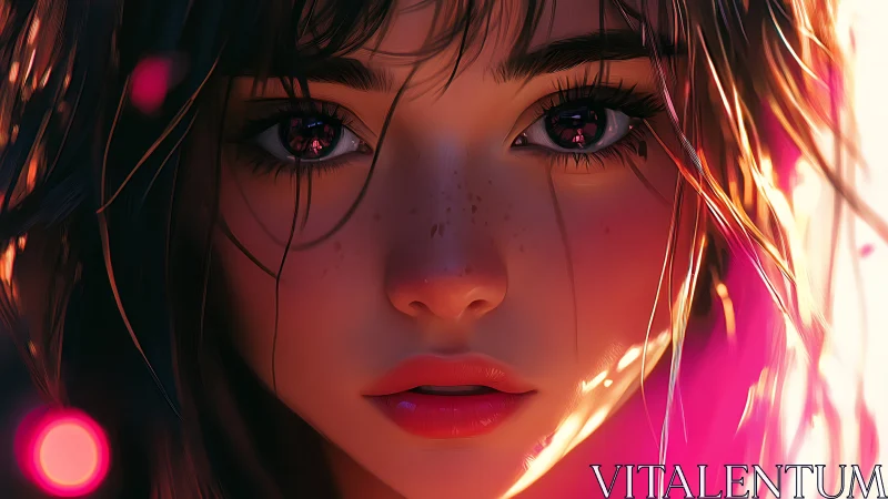 Close frontal view of stylized female face in warm light.