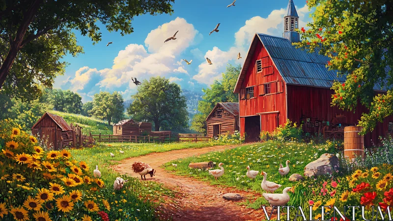 Idyllic red barn landscape under luminous summer sky.