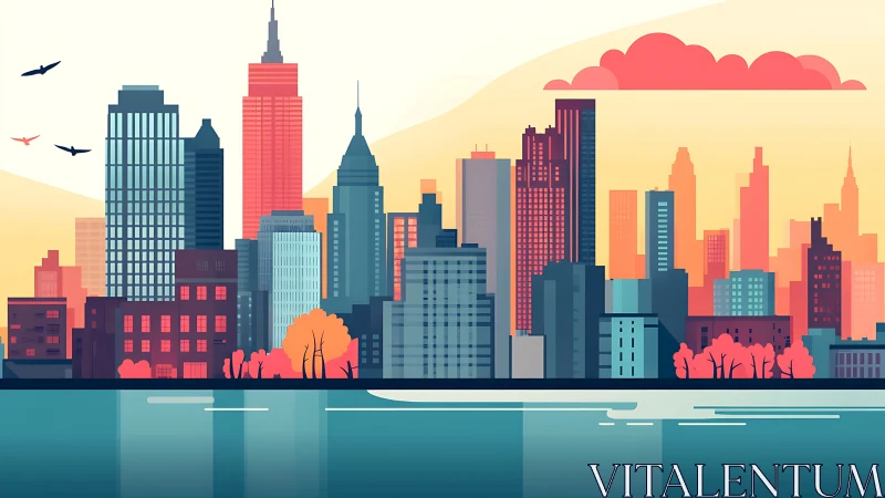 Sunlit geometric city skyline with reflective waterfront panorama.