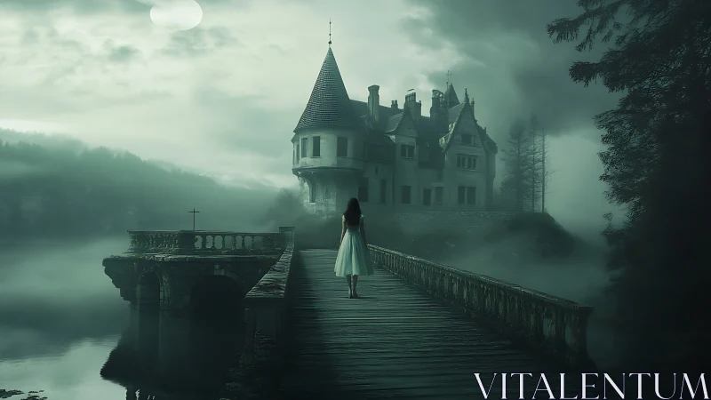 Moonlit bridge leads a lone wanderer toward a misty castle
