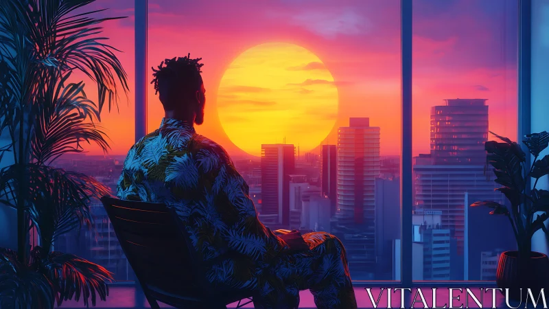 City sunset crowns a quiet dreamer in neon tropical glow