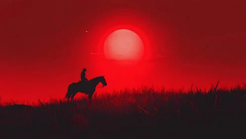 Lone cowboy silhouette under blazing scarlet sunset sky.