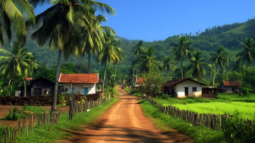 Rural Tropical Valley Settlement with Verdant Palms and Rust-Toned Earth Road.