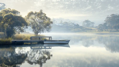 Quiet lakeside morning with a resting boat and soft mist.