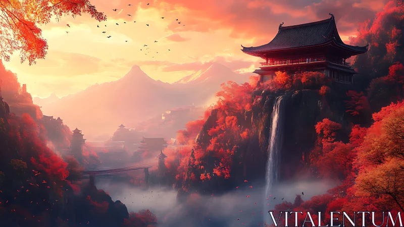 Sunset temple above waterfall in crimson autumn gorge.