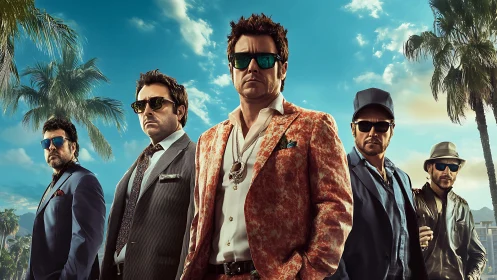 Stylish men in suits and sunglasses under palm trees.