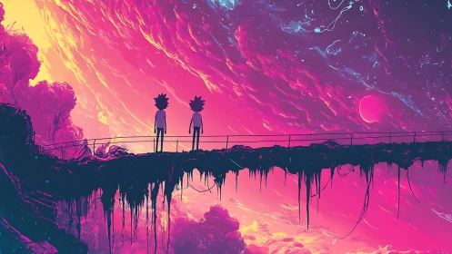 Stargazing friends on a glowing cosmic skybridge.