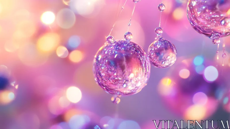 Glowing glass spheres against soft pink and purple bokeh.