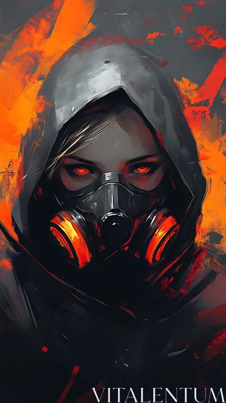 Hooded figure in respirator mask with emissive orange eyes and vents