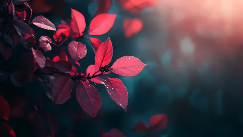Red leaves with water droplets lit against dark blurred background