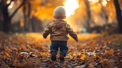 Toddler Walking Through Autumn Leaves on Tree-Lined Path