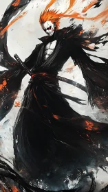 Demonic swordsman in black robes amid violent brushfire storm.