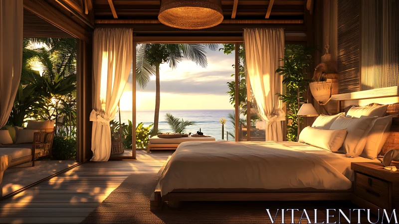 Sunlit tropical bedroom opens peacefully onto a serene ocean view