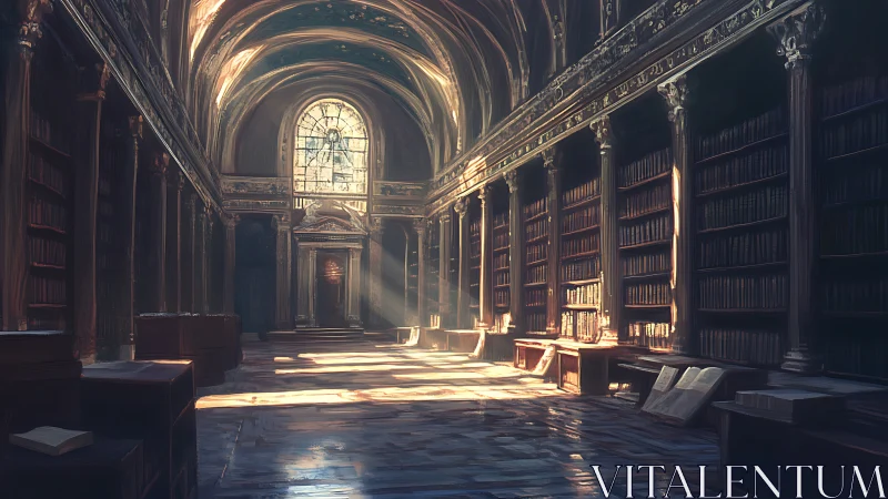 Sunlit vaulted library interior reveals neoclassical symmetry