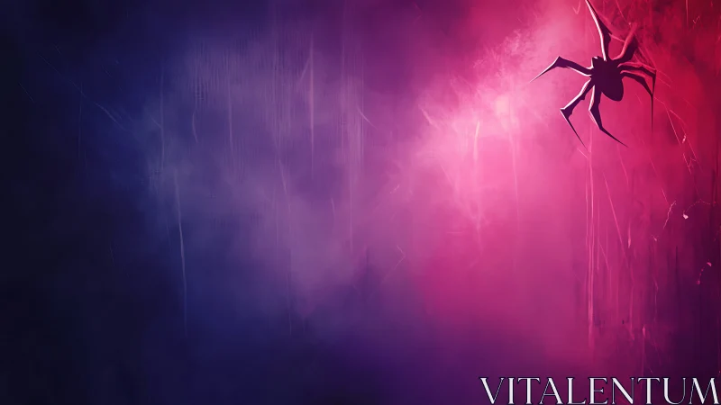 Neon dusk spider drifting through ultraviolet misted void.