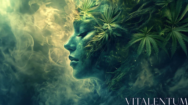 Surreal green female face merged with cannabis leaves.