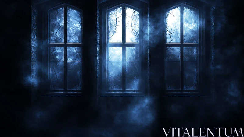 Three tall arched windows emit cold blue light through fog