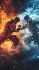 Elemental warriors trade blazing blows in a split cosmos