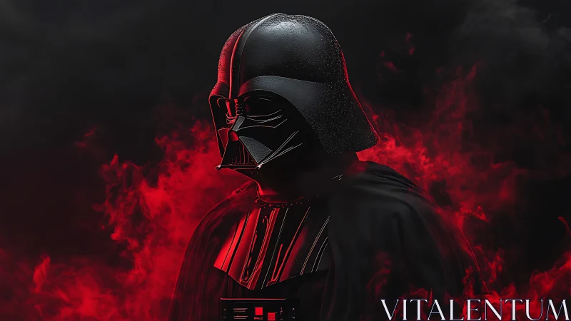 Helmeted sci-fi figure in red smoke against dark backdrop.