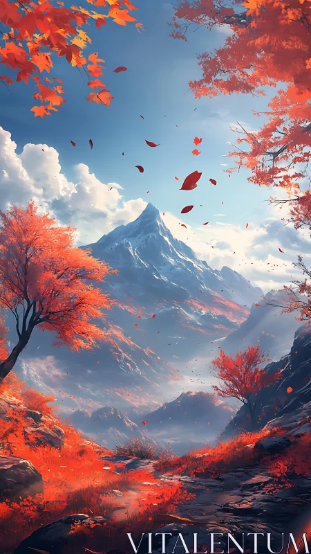 Autumn alpine valley under towering snowcapped summit.