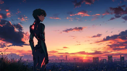Anime skyline sentinel in luminous sunset environmental lighting.