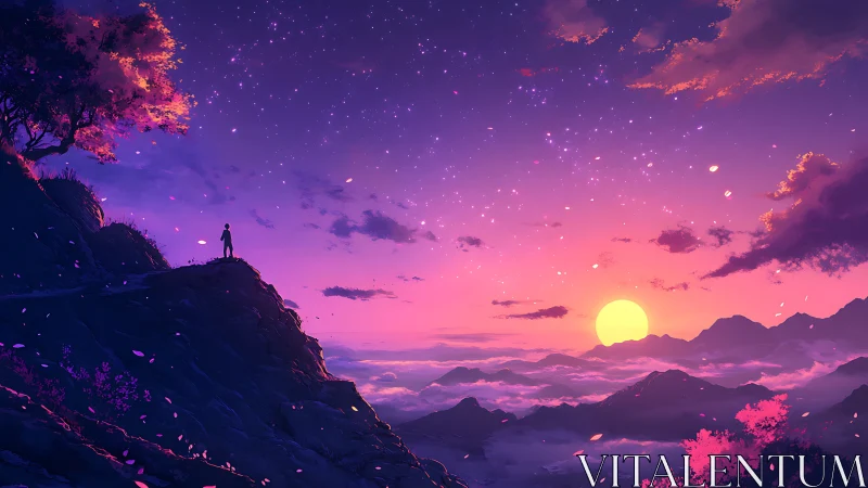 Twilight wanderer above neon-tinted mountains at sunset.