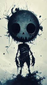 Monochrome skeletal figure with oversized skull in dripping ink