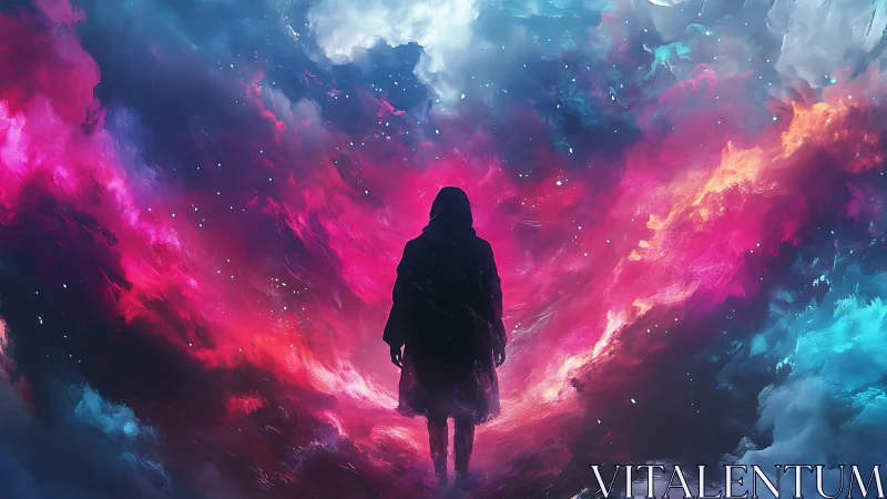 Lone silhouette walks through swirling cosmic nebula gateway.