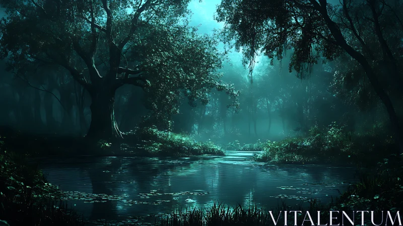 Misty forest river with overhead canopy structure.