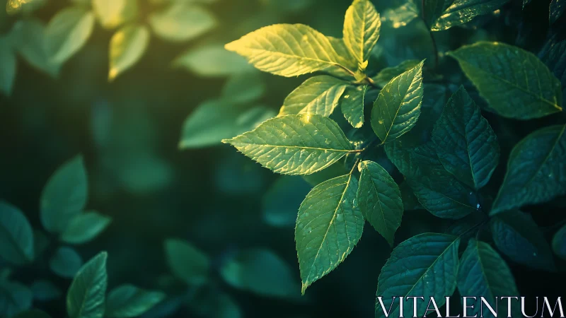 Sunlit green leaves in natural forest setting, soft focus style.