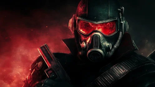 Crimson-visor wasteland trooper rising from radioactive fire.